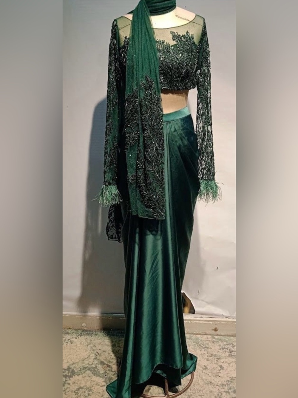 Embellished Dark Green Lehenga Beaded Crop Top with Feather Cuffs - Picture 2 of 8